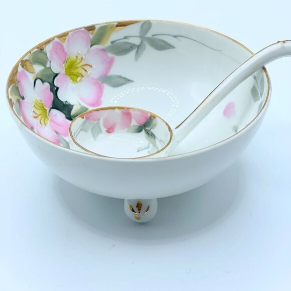 Vintage Azalea Floral Whipped Cream Bowl with Ladle Noritake Japan Hand Painted - Picture 1 of 10